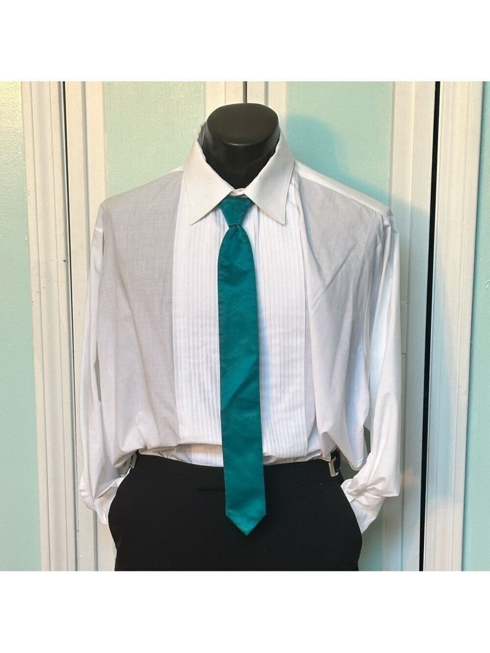 Oasis Teal Skinny Satin Tie Wedding Prom Tuxedo  Pre Tied clip